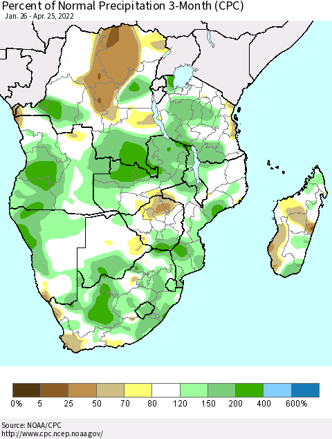 Southern Africa Percent of Normal Precipitation 3-Month (CPC) Thematic Map For 1/26/2022 - 4/25/2022
