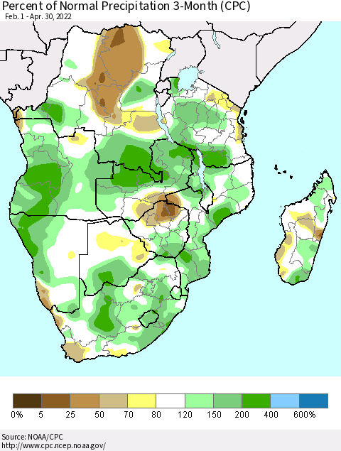 Southern Africa Percent of Normal Precipitation 3-Month (CPC) Thematic Map For 2/1/2022 - 4/30/2022