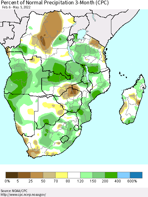 Southern Africa Percent of Normal Precipitation 3-Month (CPC) Thematic Map For 2/6/2022 - 5/5/2022