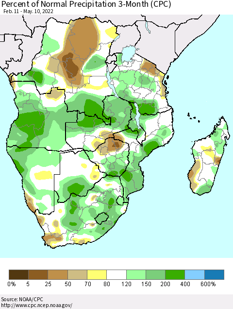 Southern Africa Percent of Normal Precipitation 3-Month (CPC) Thematic Map For 2/11/2022 - 5/10/2022