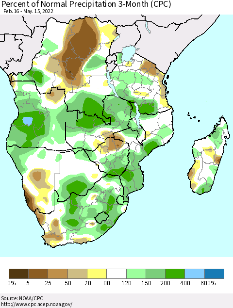 Southern Africa Percent of Normal Precipitation 3-Month (CPC) Thematic Map For 2/16/2022 - 5/15/2022