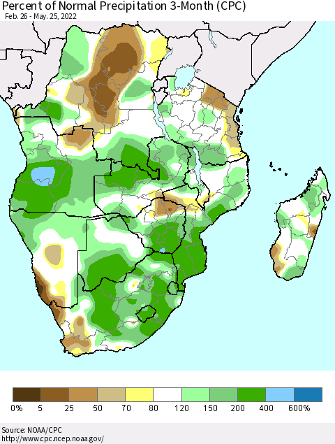 Southern Africa Percent of Normal Precipitation 3-Month (CPC) Thematic Map For 2/26/2022 - 5/25/2022