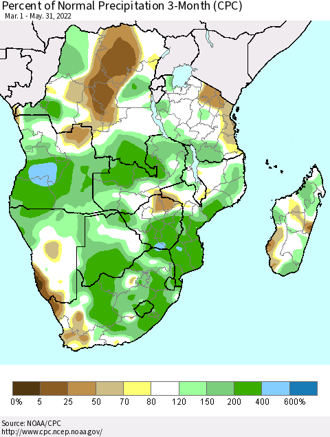 Southern Africa Percent of Normal Precipitation 3-Month (CPC) Thematic Map For 3/1/2022 - 5/31/2022