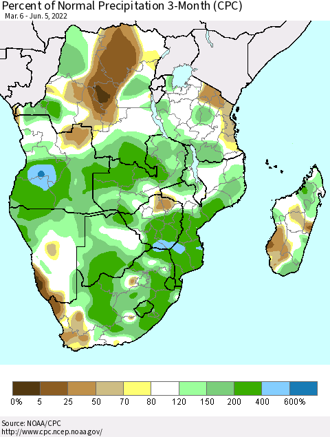 Southern Africa Percent of Normal Precipitation 3-Month (CPC) Thematic Map For 3/6/2022 - 6/5/2022