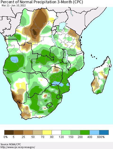 Southern Africa Percent of Normal Precipitation 3-Month (CPC) Thematic Map For 3/11/2022 - 6/10/2022
