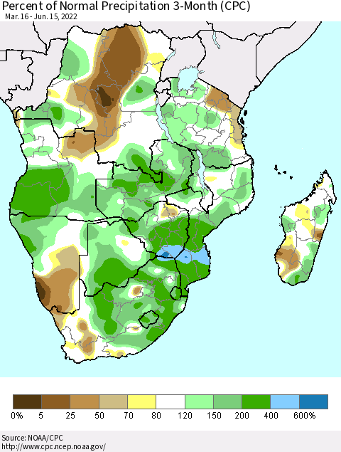 Southern Africa Percent of Normal Precipitation 3-Month (CPC) Thematic Map For 3/16/2022 - 6/15/2022