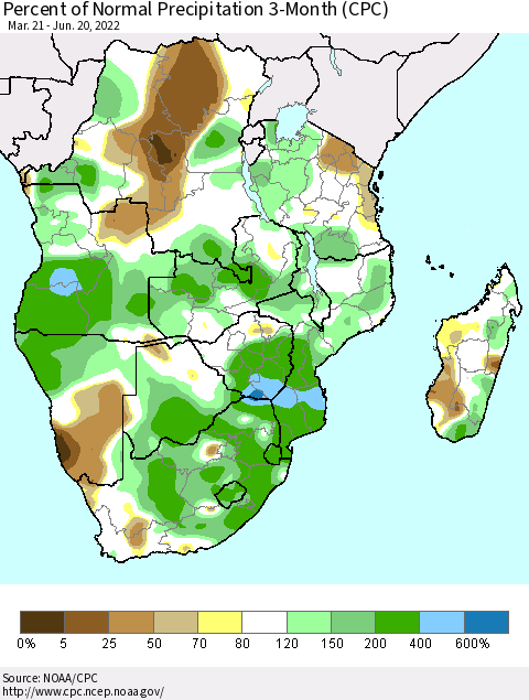 Southern Africa Percent of Normal Precipitation 3-Month (CPC) Thematic Map For 3/21/2022 - 6/20/2022