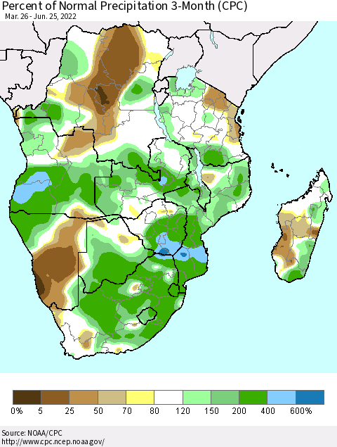 Southern Africa Percent of Normal Precipitation 3-Month (CPC) Thematic Map For 3/26/2022 - 6/25/2022