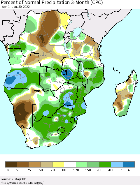 Southern Africa Percent of Normal Precipitation 3-Month (CPC) Thematic Map For 4/1/2022 - 6/30/2022