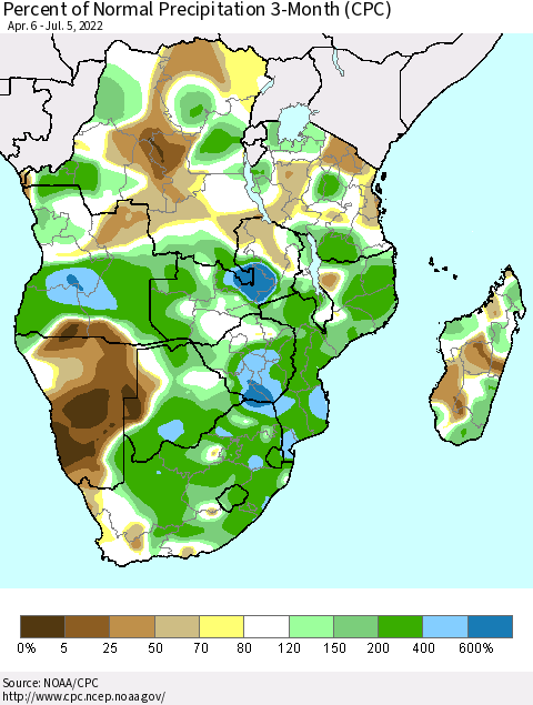 Southern Africa Percent of Normal Precipitation 3-Month (CPC) Thematic Map For 4/6/2022 - 7/5/2022