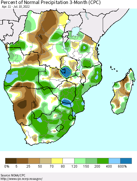 Southern Africa Percent of Normal Precipitation 3-Month (CPC) Thematic Map For 4/11/2022 - 7/10/2022