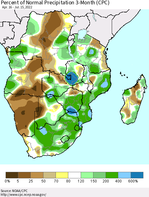 Southern Africa Percent of Normal Precipitation 3-Month (CPC) Thematic Map For 4/16/2022 - 7/15/2022