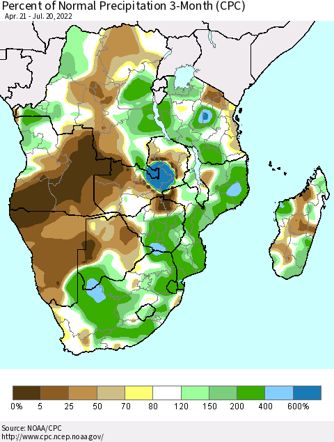 Southern Africa Percent of Normal Precipitation 3-Month (CPC) Thematic Map For 4/21/2022 - 7/20/2022