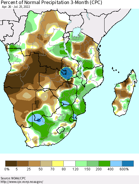 Southern Africa Percent of Normal Precipitation 3-Month (CPC) Thematic Map For 4/26/2022 - 7/25/2022