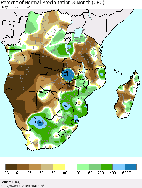 Southern Africa Percent of Normal Precipitation 3-Month (CPC) Thematic Map For 5/1/2022 - 7/31/2022