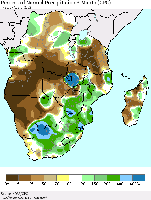 Southern Africa Percent of Normal Precipitation 3-Month (CPC) Thematic Map For 5/6/2022 - 8/5/2022