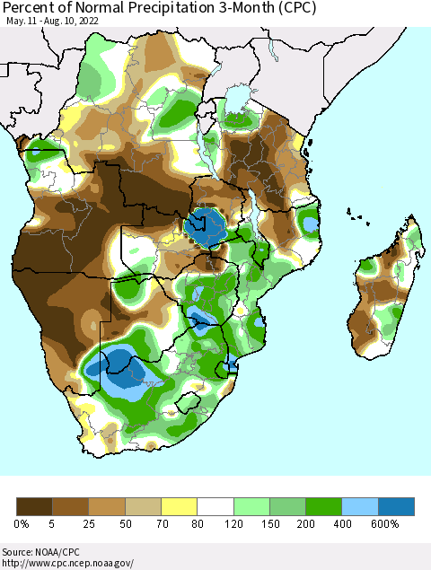 Southern Africa Percent of Normal Precipitation 3-Month (CPC) Thematic Map For 5/11/2022 - 8/10/2022