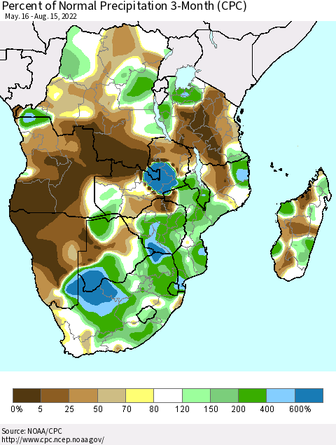 Southern Africa Percent of Normal Precipitation 3-Month (CPC) Thematic Map For 5/16/2022 - 8/15/2022