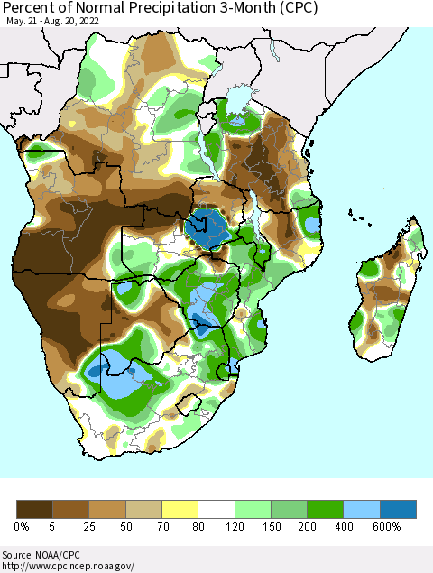 Southern Africa Percent of Normal Precipitation 3-Month (CPC) Thematic Map For 5/21/2022 - 8/20/2022
