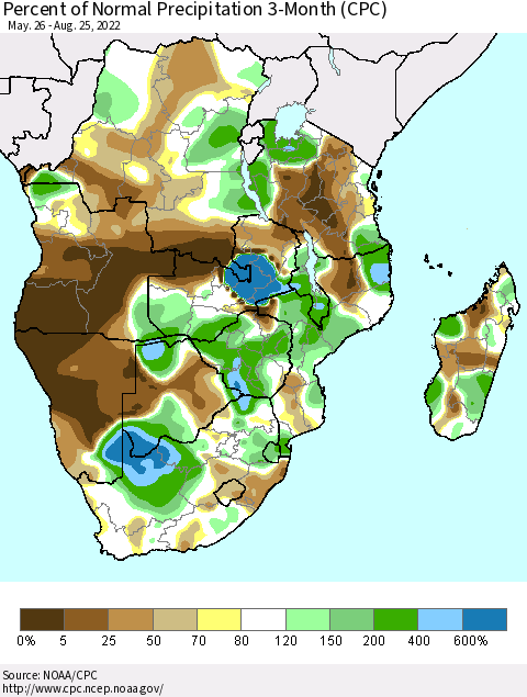 Southern Africa Percent of Normal Precipitation 3-Month (CPC) Thematic Map For 5/26/2022 - 8/25/2022