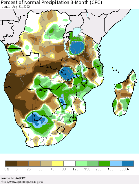 Southern Africa Percent of Normal Precipitation 3-Month (CPC) Thematic Map For 6/1/2022 - 8/31/2022