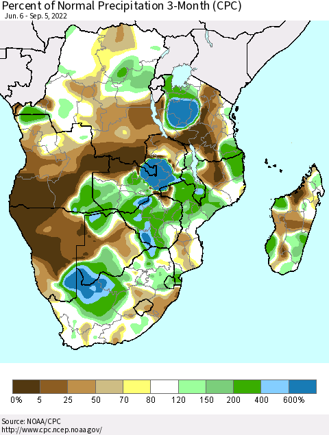 Southern Africa Percent of Normal Precipitation 3-Month (CPC) Thematic Map For 6/6/2022 - 9/5/2022