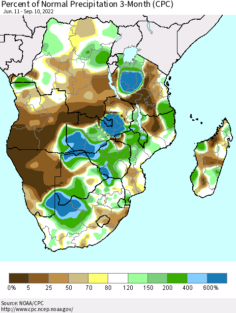 Southern Africa Percent of Normal Precipitation 3-Month (CPC) Thematic Map For 6/11/2022 - 9/10/2022