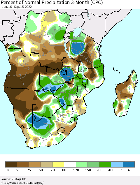 Southern Africa Percent of Normal Precipitation 3-Month (CPC) Thematic Map For 6/16/2022 - 9/15/2022