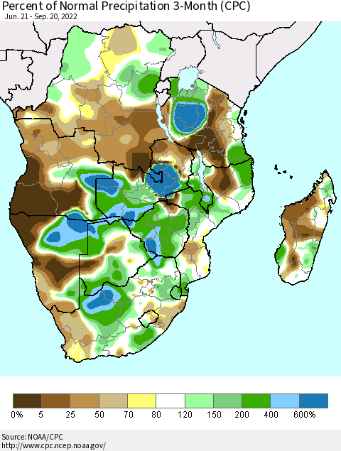 Southern Africa Percent of Normal Precipitation 3-Month (CPC) Thematic Map For 6/21/2022 - 9/20/2022