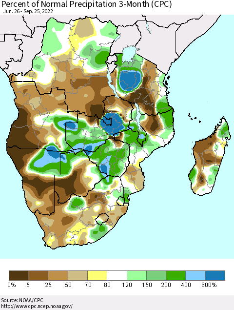 Southern Africa Percent of Normal Precipitation 3-Month (CPC) Thematic Map For 6/26/2022 - 9/25/2022