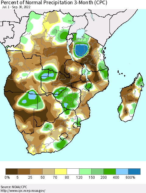 Southern Africa Percent of Normal Precipitation 3-Month (CPC) Thematic Map For 7/1/2022 - 9/30/2022