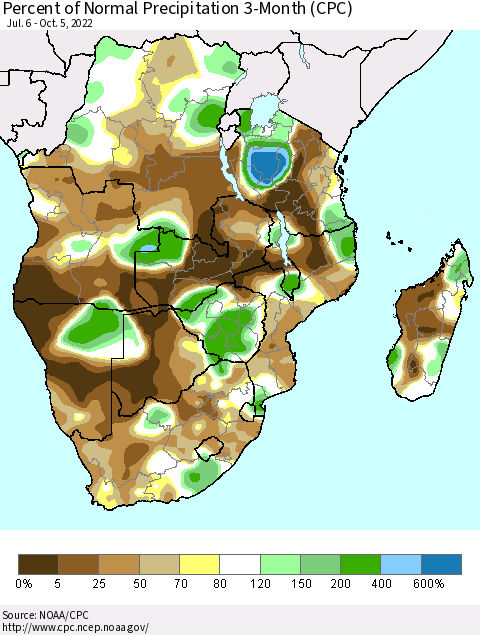 Southern Africa Percent of Normal Precipitation 3-Month (CPC) Thematic Map For 7/6/2022 - 10/5/2022