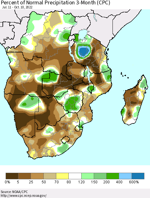 Southern Africa Percent of Normal Precipitation 3-Month (CPC) Thematic Map For 7/11/2022 - 10/10/2022