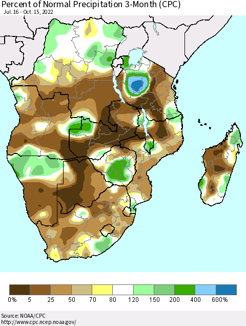 Southern Africa Percent of Normal Precipitation 3-Month (CPC) Thematic Map For 7/16/2022 - 10/15/2022