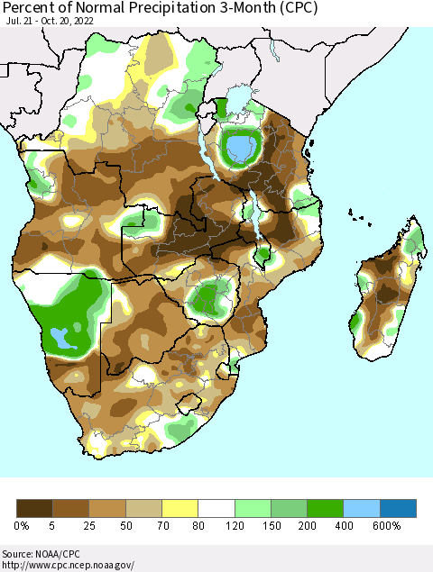 Southern Africa Percent of Normal Precipitation 3-Month (CPC) Thematic Map For 7/21/2022 - 10/20/2022