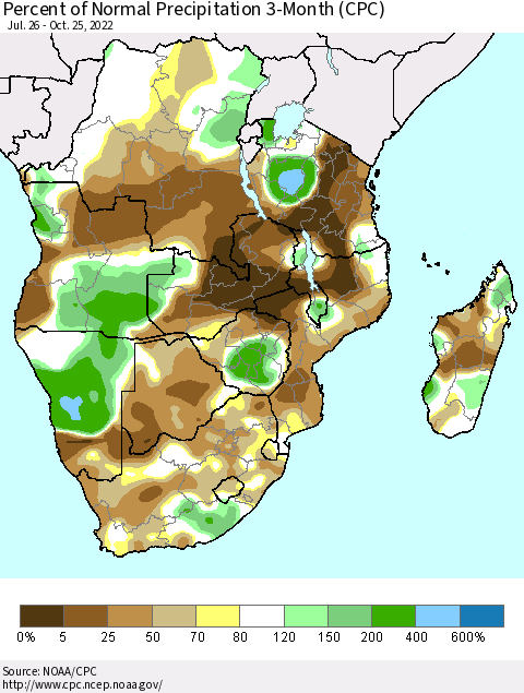 Southern Africa Percent of Normal Precipitation 3-Month (CPC) Thematic Map For 7/26/2022 - 10/25/2022