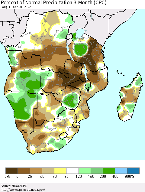Southern Africa Percent of Normal Precipitation 3-Month (CPC) Thematic Map For 8/1/2022 - 10/31/2022