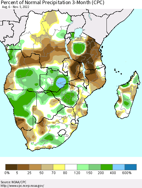 Southern Africa Percent of Normal Precipitation 3-Month (CPC) Thematic Map For 8/6/2022 - 11/5/2022
