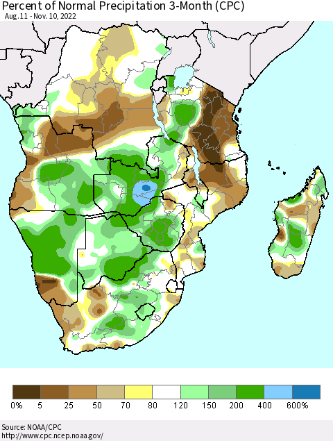 Southern Africa Percent of Normal Precipitation 3-Month (CPC) Thematic Map For 8/11/2022 - 11/10/2022