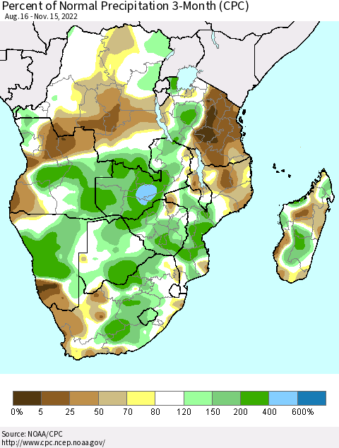 Southern Africa Percent of Normal Precipitation 3-Month (CPC) Thematic Map For 8/16/2022 - 11/15/2022