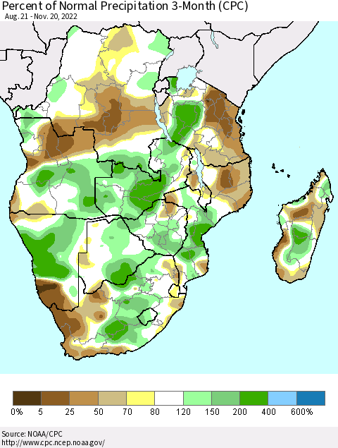 Southern Africa Percent of Normal Precipitation 3-Month (CPC) Thematic Map For 8/21/2022 - 11/20/2022