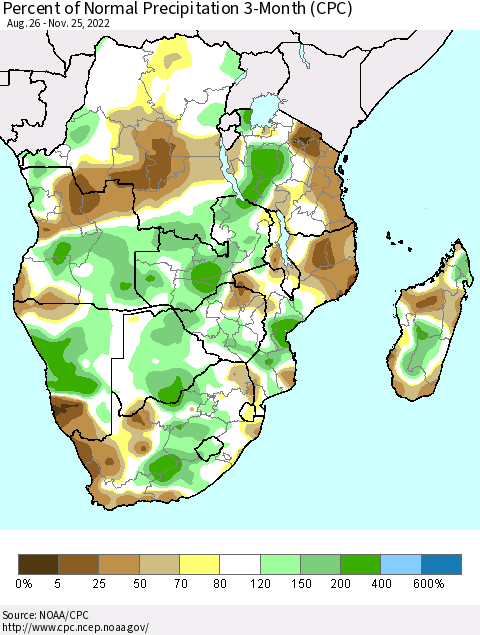 Southern Africa Percent of Normal Precipitation 3-Month (CPC) Thematic Map For 8/26/2022 - 11/25/2022