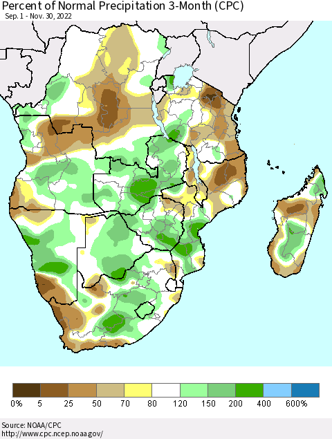 Southern Africa Percent of Normal Precipitation 3-Month (CPC) Thematic Map For 9/1/2022 - 11/30/2022
