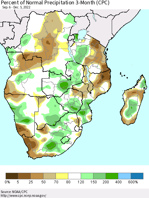 Southern Africa Percent of Normal Precipitation 3-Month (CPC) Thematic Map For 9/6/2022 - 12/5/2022