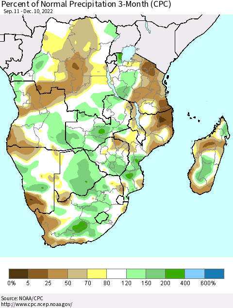 Southern Africa Percent of Normal Precipitation 3-Month (CPC) Thematic Map For 9/11/2022 - 12/10/2022