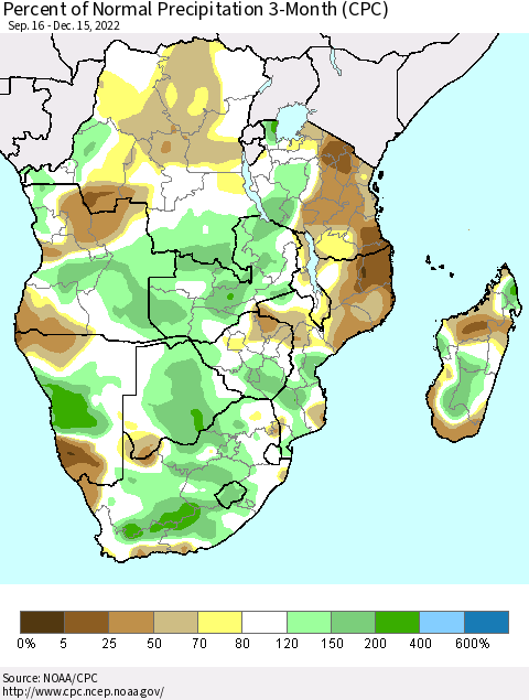 Southern Africa Percent of Normal Precipitation 3-Month (CPC) Thematic Map For 9/16/2022 - 12/15/2022
