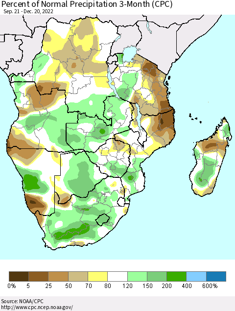 Southern Africa Percent of Normal Precipitation 3-Month (CPC) Thematic Map For 9/21/2022 - 12/20/2022