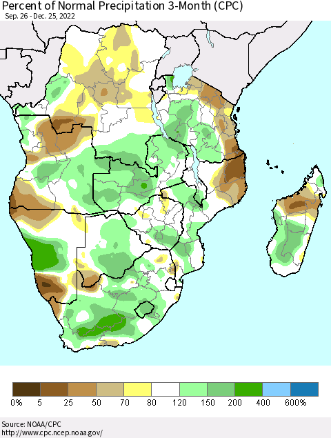 Southern Africa Percent of Normal Precipitation 3-Month (CPC) Thematic Map For 9/26/2022 - 12/25/2022