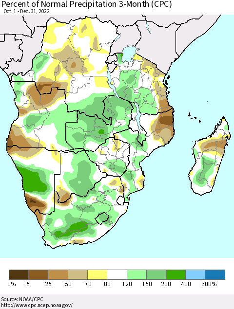 Southern Africa Percent of Normal Precipitation 3-Month (CPC) Thematic Map For 10/1/2022 - 12/31/2022