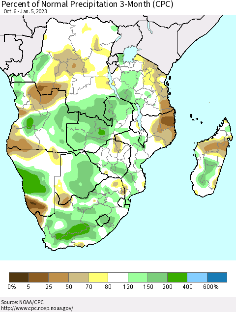 Southern Africa Percent of Normal Precipitation 3-Month (CPC) Thematic Map For 10/6/2022 - 1/5/2023
